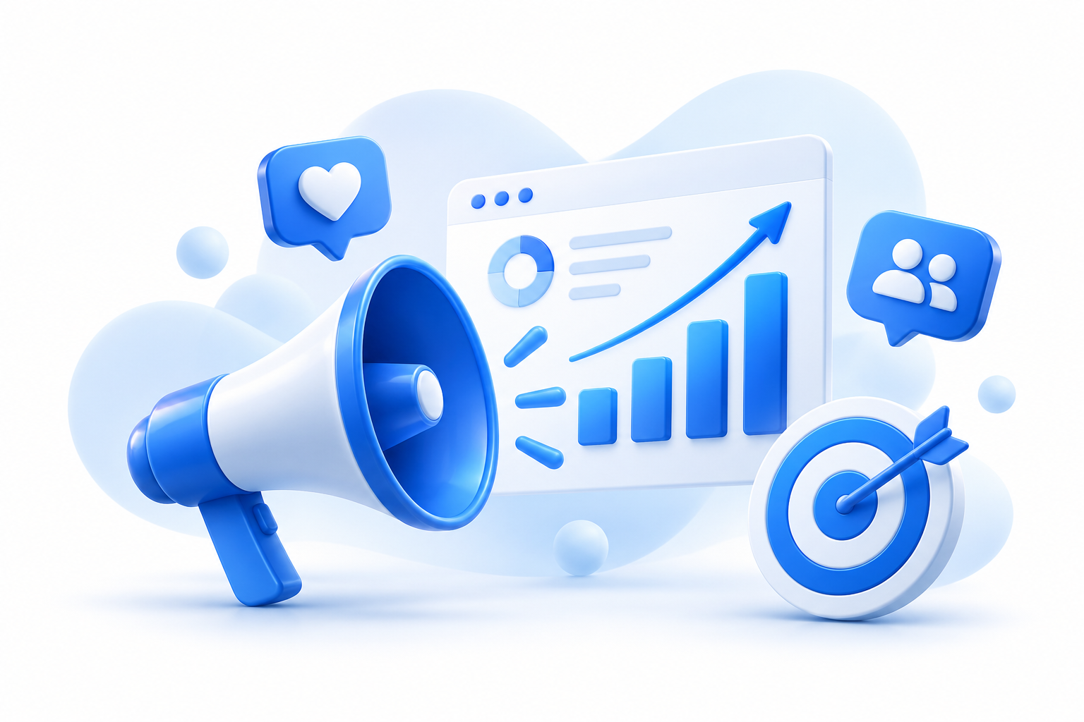 Blue megaphone with marketing analytics and a growth chart