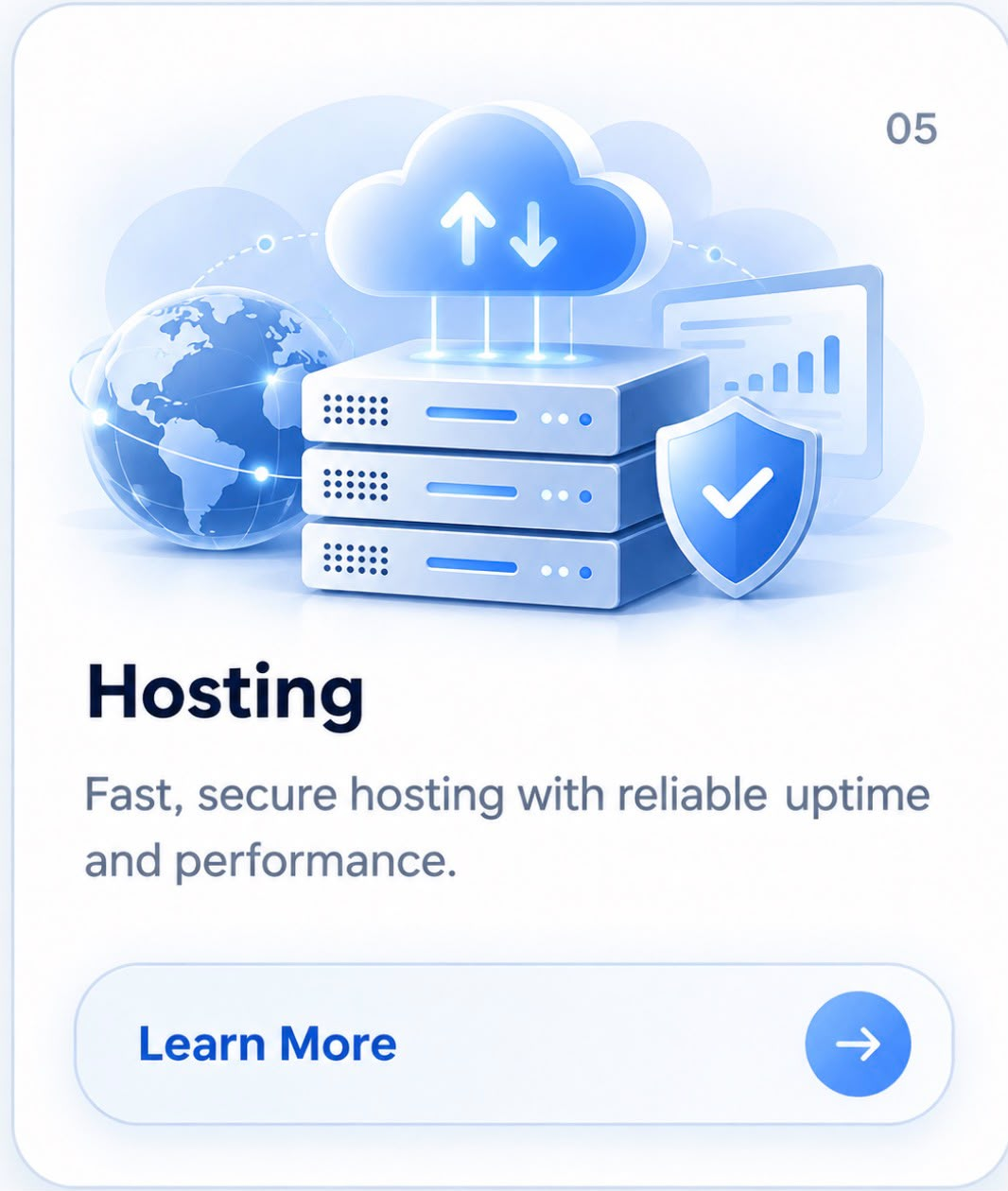 Blue cloud hosting illustration with servers, a globe and a security shield