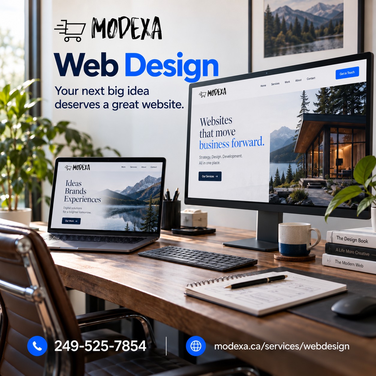 Modexa web design service illustration with desktop and laptop website layouts