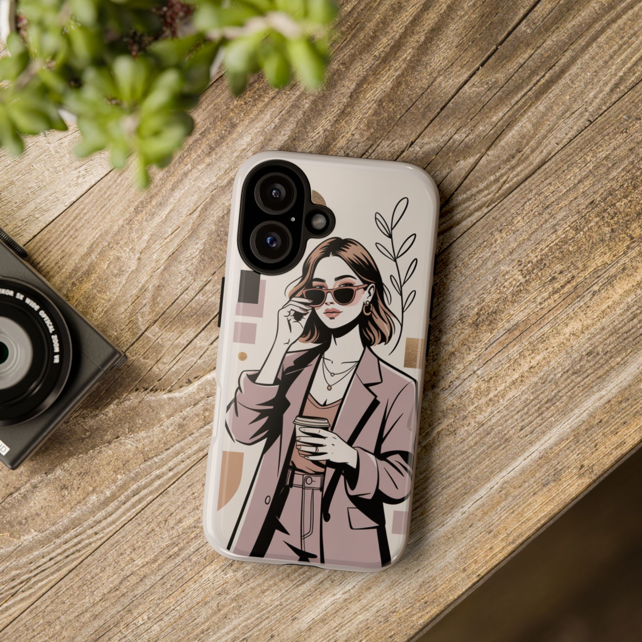 Chic Businesswoman Phone Case — Stylish Coffee & Shades Illustration - Image 4