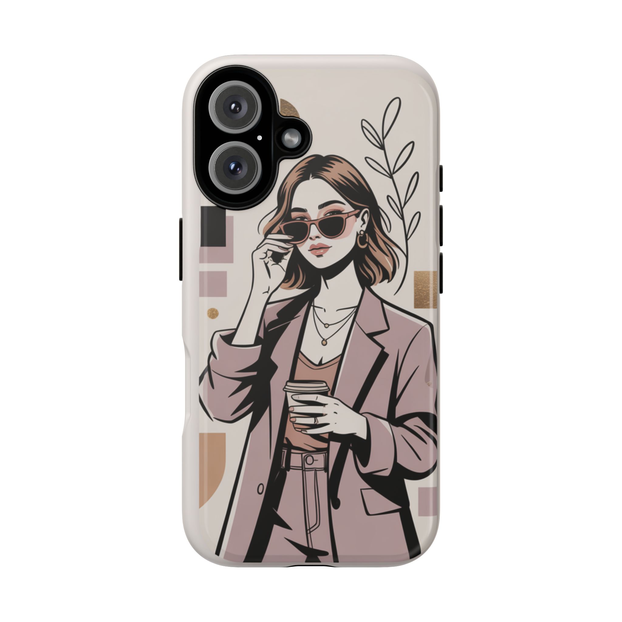 Chic Businesswoman Phone Case — Stylish Coffee & Shades Illustration - Image 5