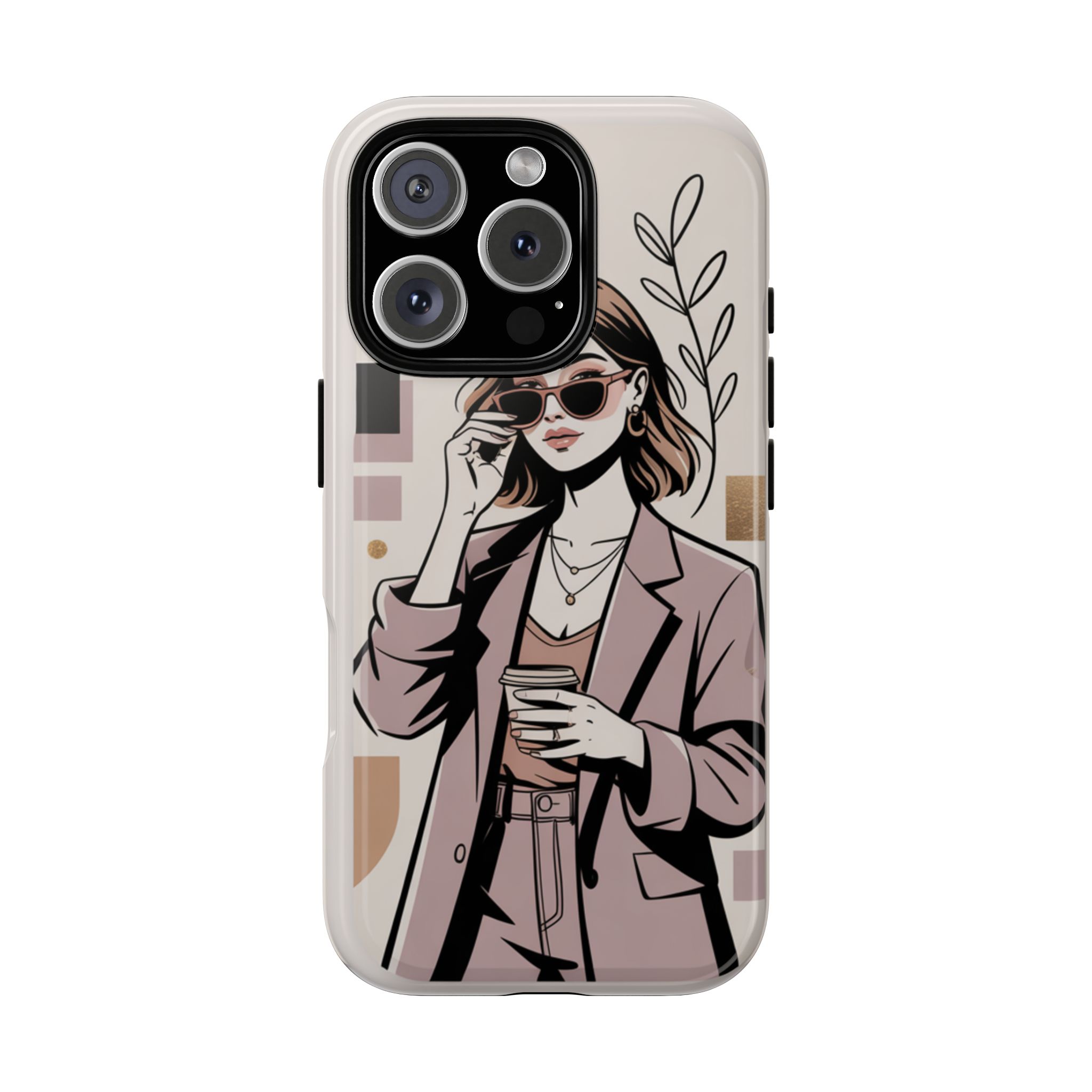 Chic Businesswoman Phone Case — Stylish Coffee & Shades Illustration - Image 7