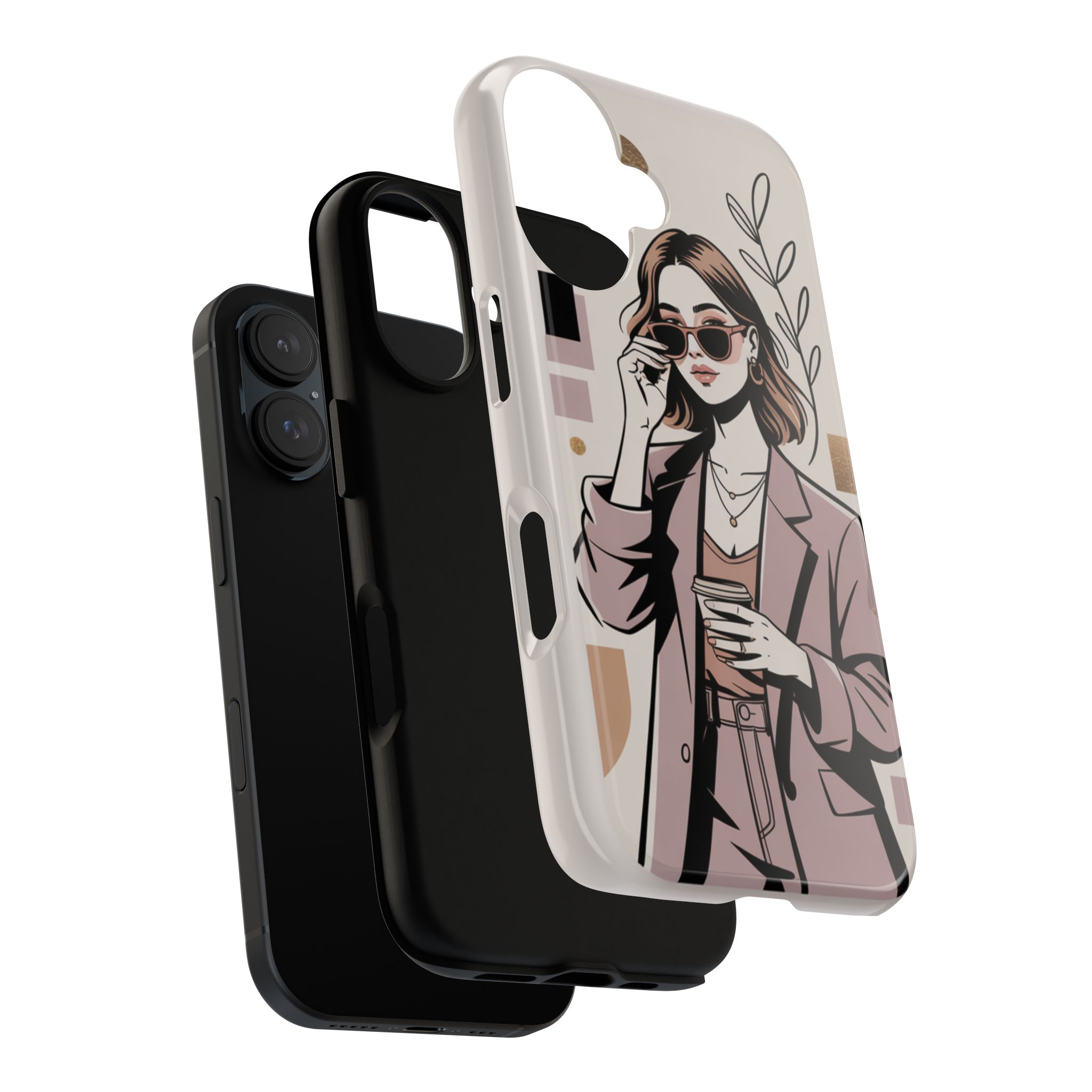 Chic Businesswoman Phone Case — Stylish Coffee & Shades Illustration - Image 3
