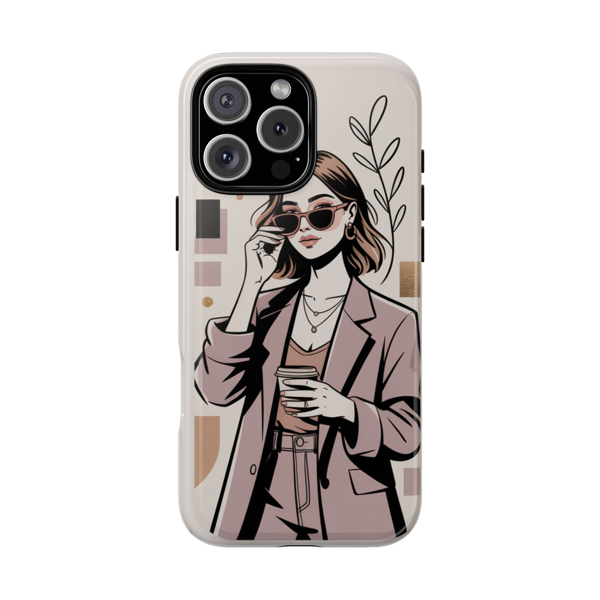 Chic Businesswoman Phone Case — Stylish Coffee & Shades Illustration - Image 9