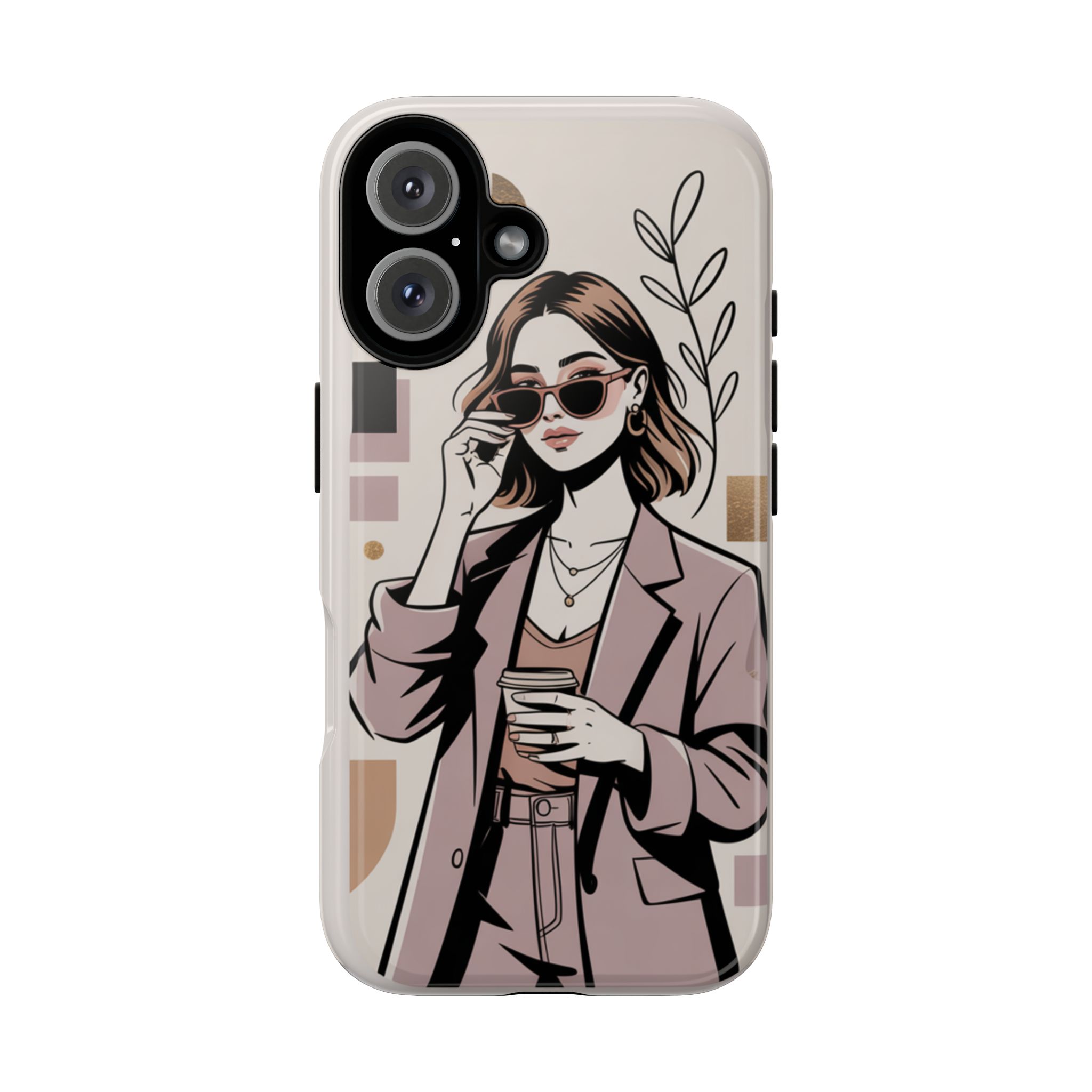 Chic Businesswoman Phone Case — Stylish Coffee & Shades Illustration