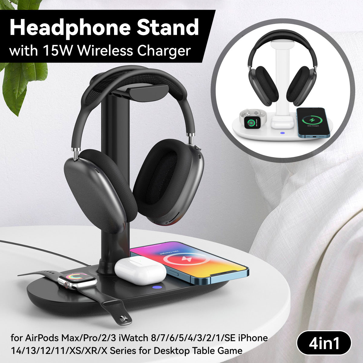 Headphone Stand with Wireless Charger 15W Fast Charging for Desk Gaming Studio